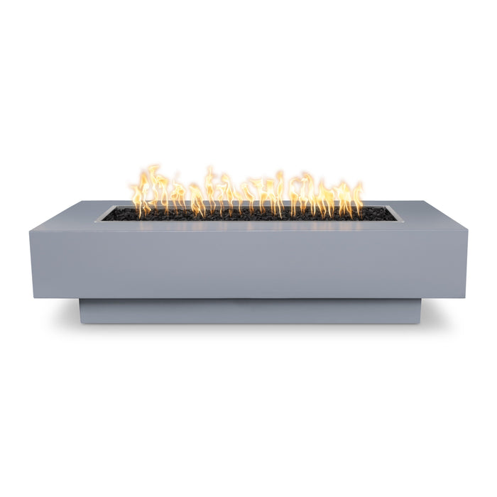 Gray Rectangular Coronado Fire Pit Powder Coated Metal, lit in white background