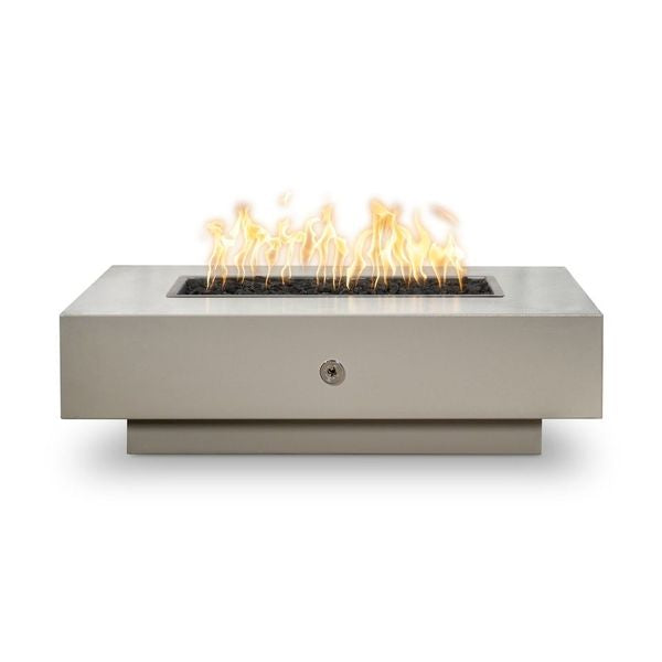 Pewter Rectangular Coronado Fire Pit Powder Coated Metal, lit in white background