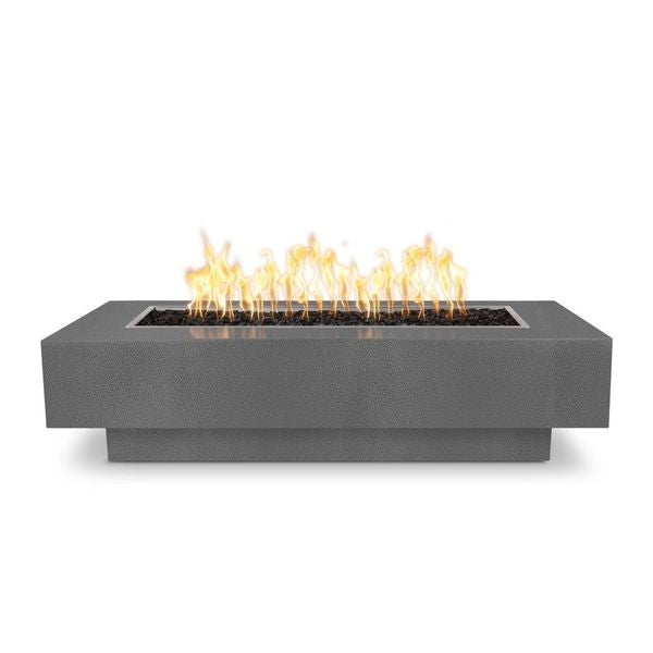 Silver Vein Rectangular Coronado Fire Pit Powder Coated Metal, lit in white background